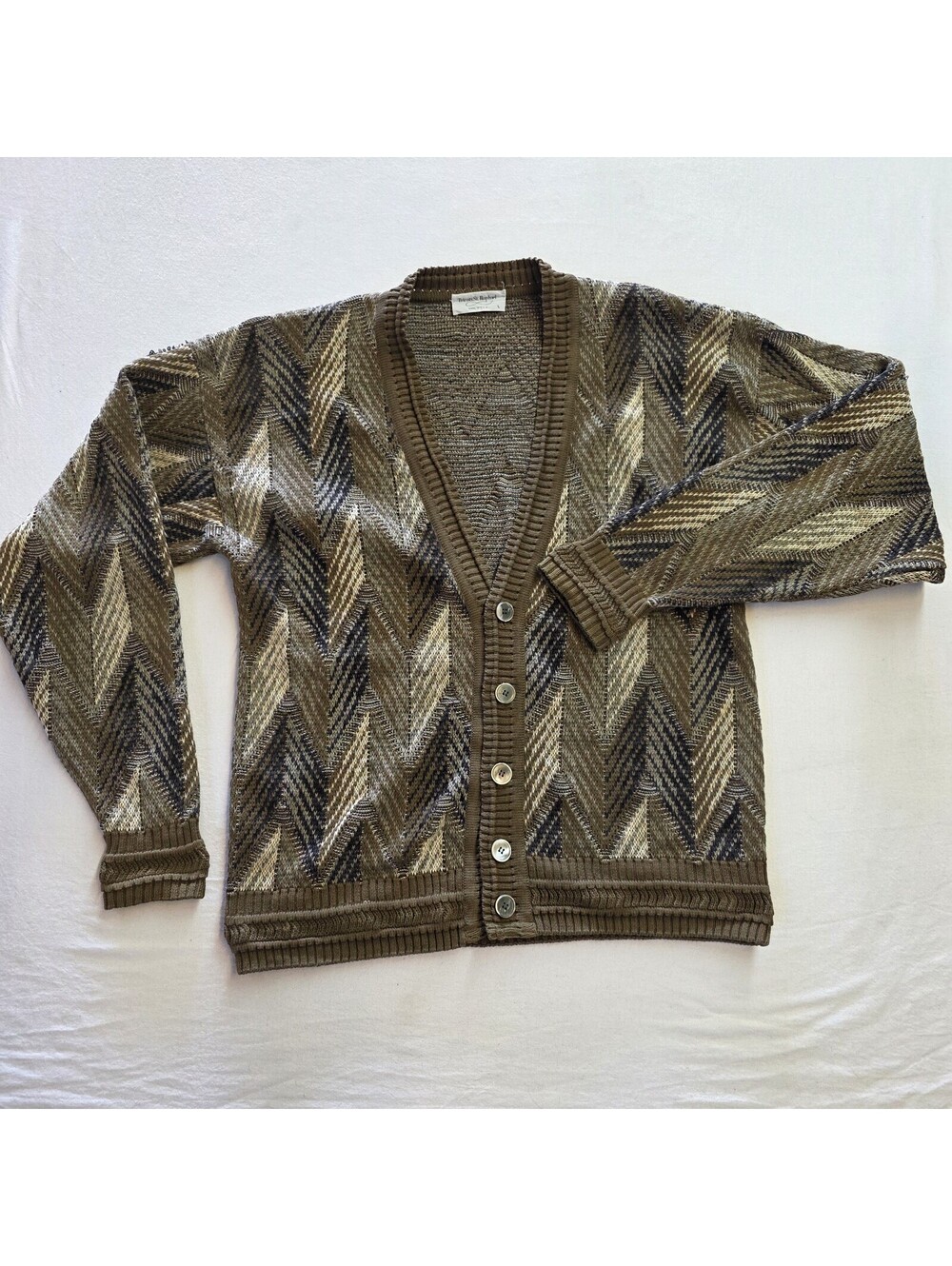 VTG Tricots St. Raphael Knit Cardigan Sweater L Brown Chevron Geometric Grandpa